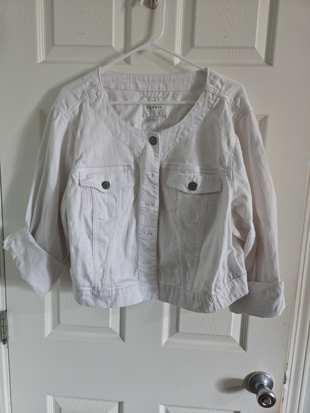 Torrid White Cropped Denim Jacket Collarless Button Up Plus Size 3 / 3X